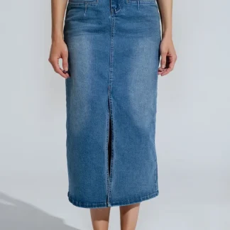 Saia Midi em ganga azul com abertura frontal