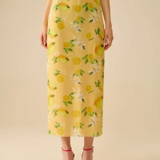 Saia midi justa amarela com estampado de limão em tecido de malha