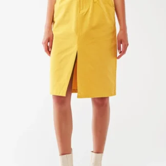 Saia reta com cintura estilo paper bag e fenda frontal em amarelo