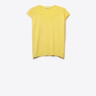 Suéter de Malha Amarelo de Manga Curta com Detalhe Canelado