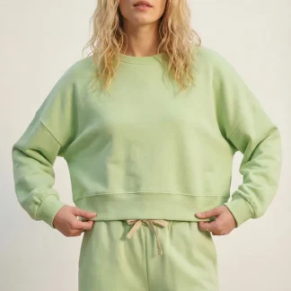 Sweatshirt básica com gola redonda e ombros caídos em verde