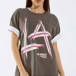 T-shirt cinzenta de tamanho grande Estampas LA Los Angeles em rosa e branco