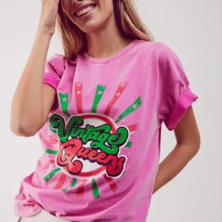T shirt com impressão gráfica Vintage Queens rosa