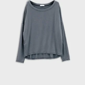 T-shirt de manga comprida com gola redonda em modal cinzento