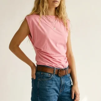 Top assimétrico sem mangas drapeado cor-de-rosa para mulher