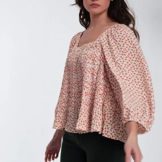 Top floral coral com decote quadrado e mangas insufláveis
