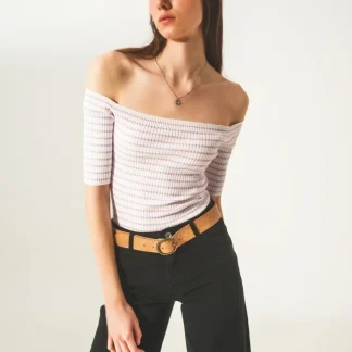 Top lilas listrado com decote Bardot