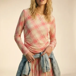 Vestido Assimétrico de Manga Longa com Tecido de Malha Xadrez em rosa