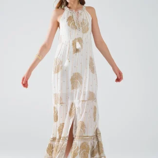 vestido boho maxi chiffon com estampado de flores douradas
