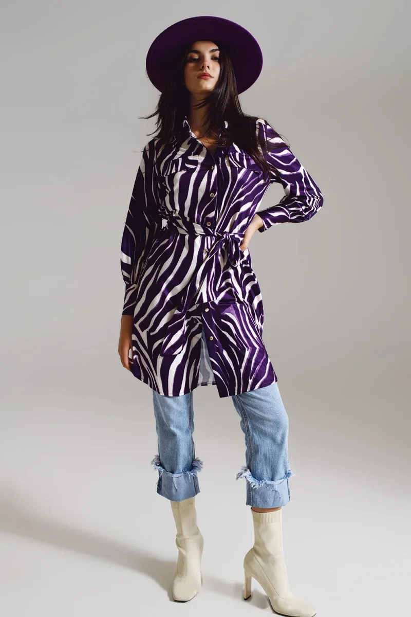 Vestido curto Midi com estampa de zebra em branco e roxo