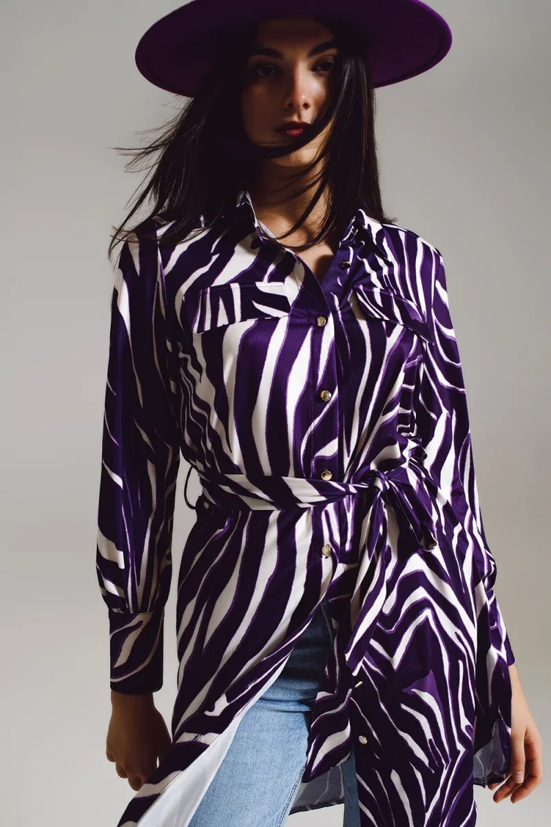 Vestido curto Midi com estampa de zebra em branco e roxo - Image 4