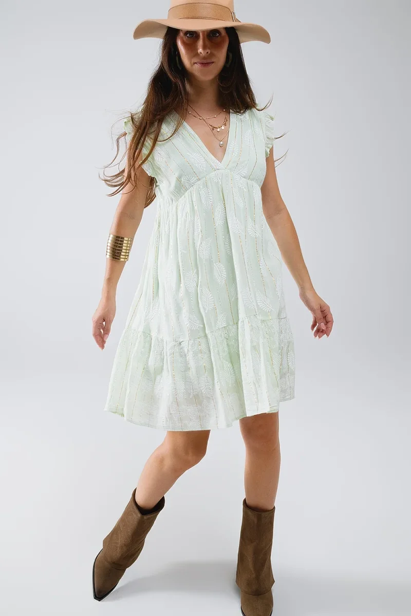 Vestido curto tipo babydoll com estampado de folhas e fio de lurex em menta - Image 2