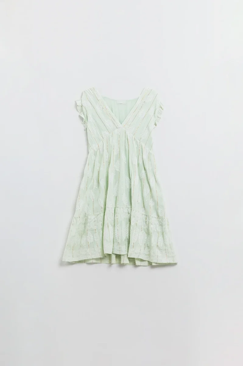 Vestido curto tipo babydoll com estampado de folhas e fio de lurex em menta - Image 6