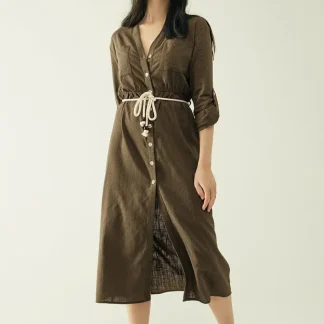 Vestido de camisa Khaki de mangas compridas com fecho de botões