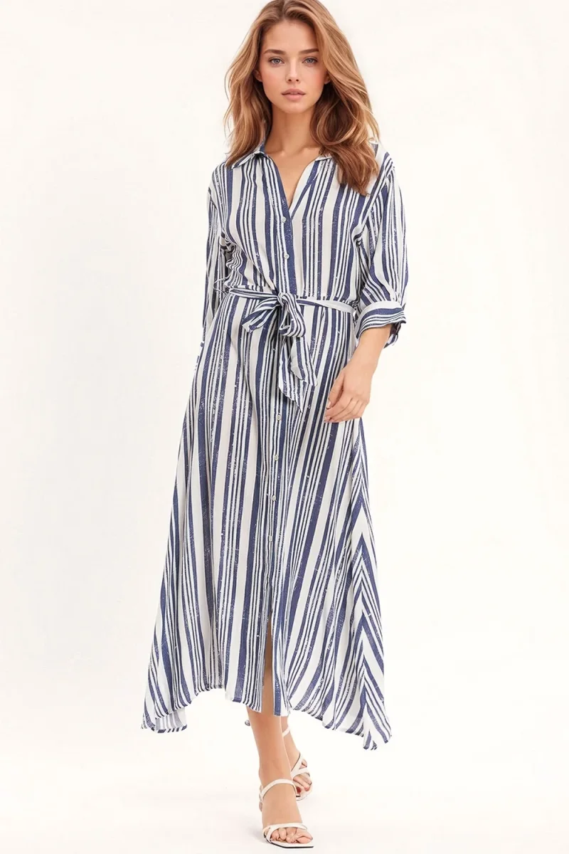Vestido de camisa Maxi às riscas com manga 3/4 e cinto em azul e branco - Image 2