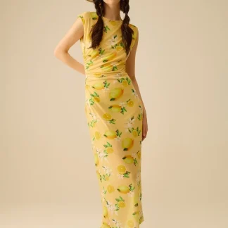 Vestido de tule com folhos laterais em estampado amarelo-limão
