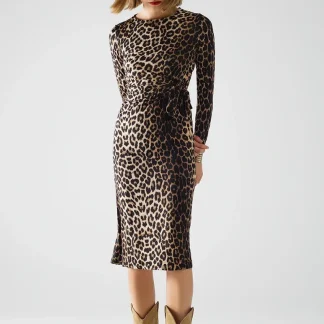 Vestido em spandex com estampado de leopardo e pormenor de laço