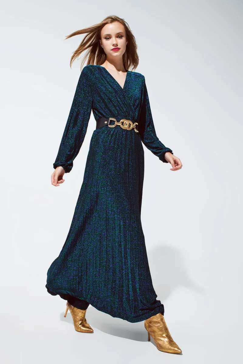 Vestido longo de manga comprida com brilho em verde - Image 2