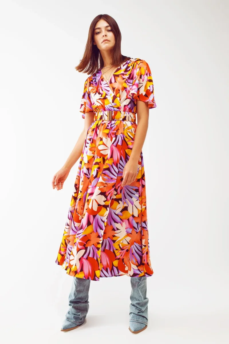 Vestido longo plissado com decote em V multicolorido - Image 6