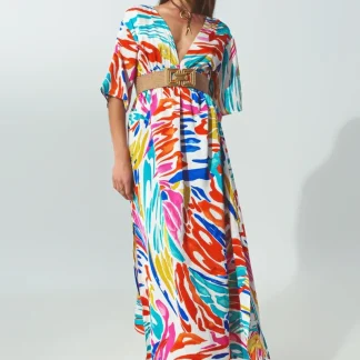 Vestido longo V Pescoço com Impressão Multicolor