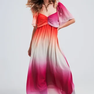 Vestido Maxi com desenho de gradiente e decote de coração fuchsia