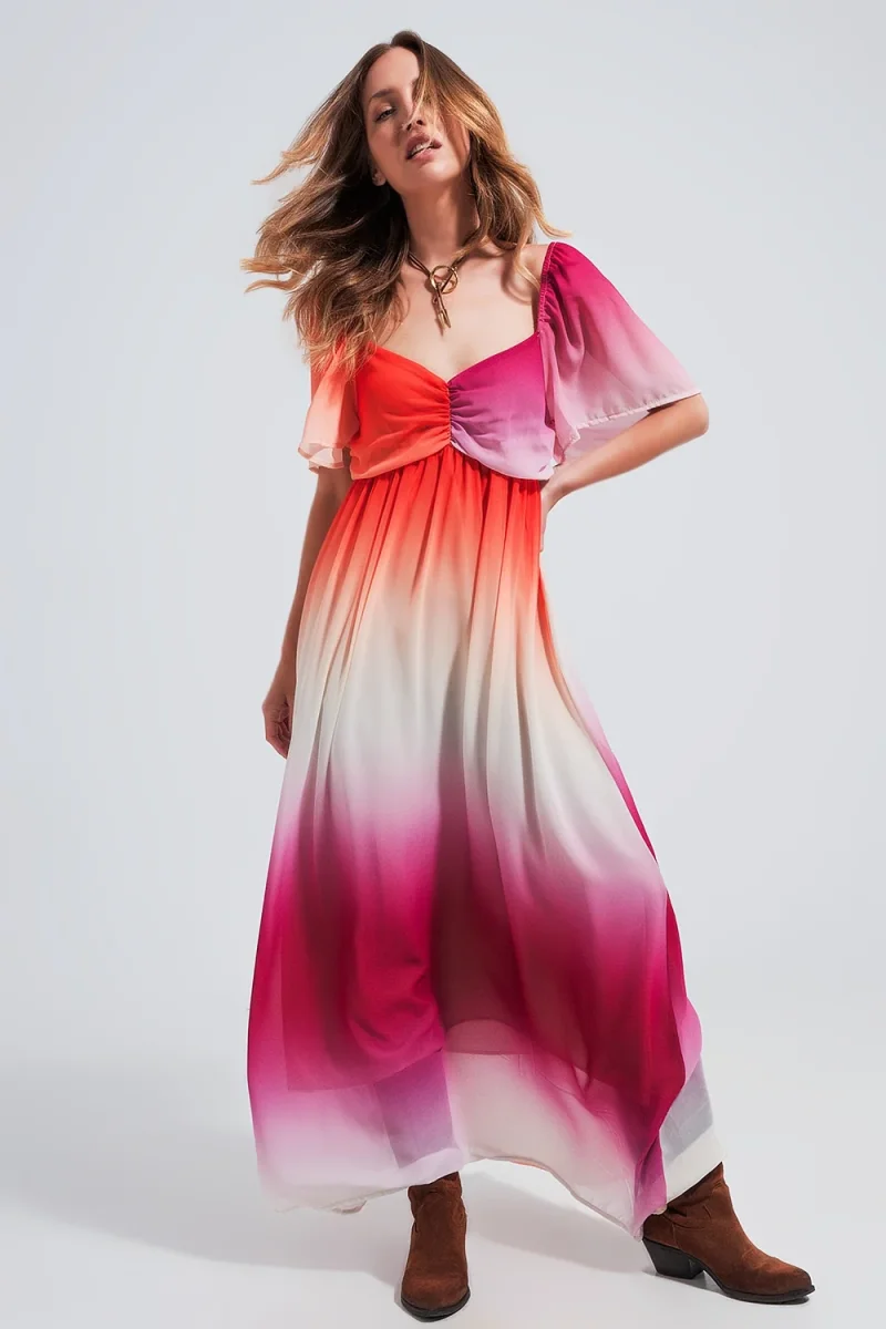 Vestido Maxi com desenho de gradiente e decote de coração fuchsia