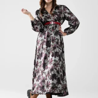 vestido maxi com estampado de flores de efeito metálico