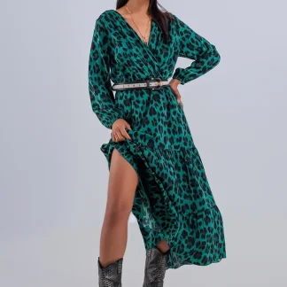 Vestido maxi de corte em camadas verde de mangas compridas