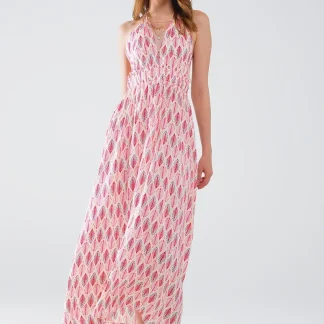 Vestido maxi de verão com estampado de penas e costas abertas em cor-de-rosa