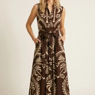Vestido Maxi Marrom Estampado com Cintura Cintada