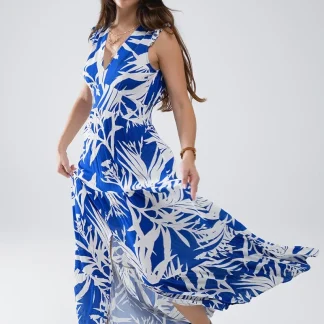 Vestido Maxi Tropical Print com decote em V e fenda em azul