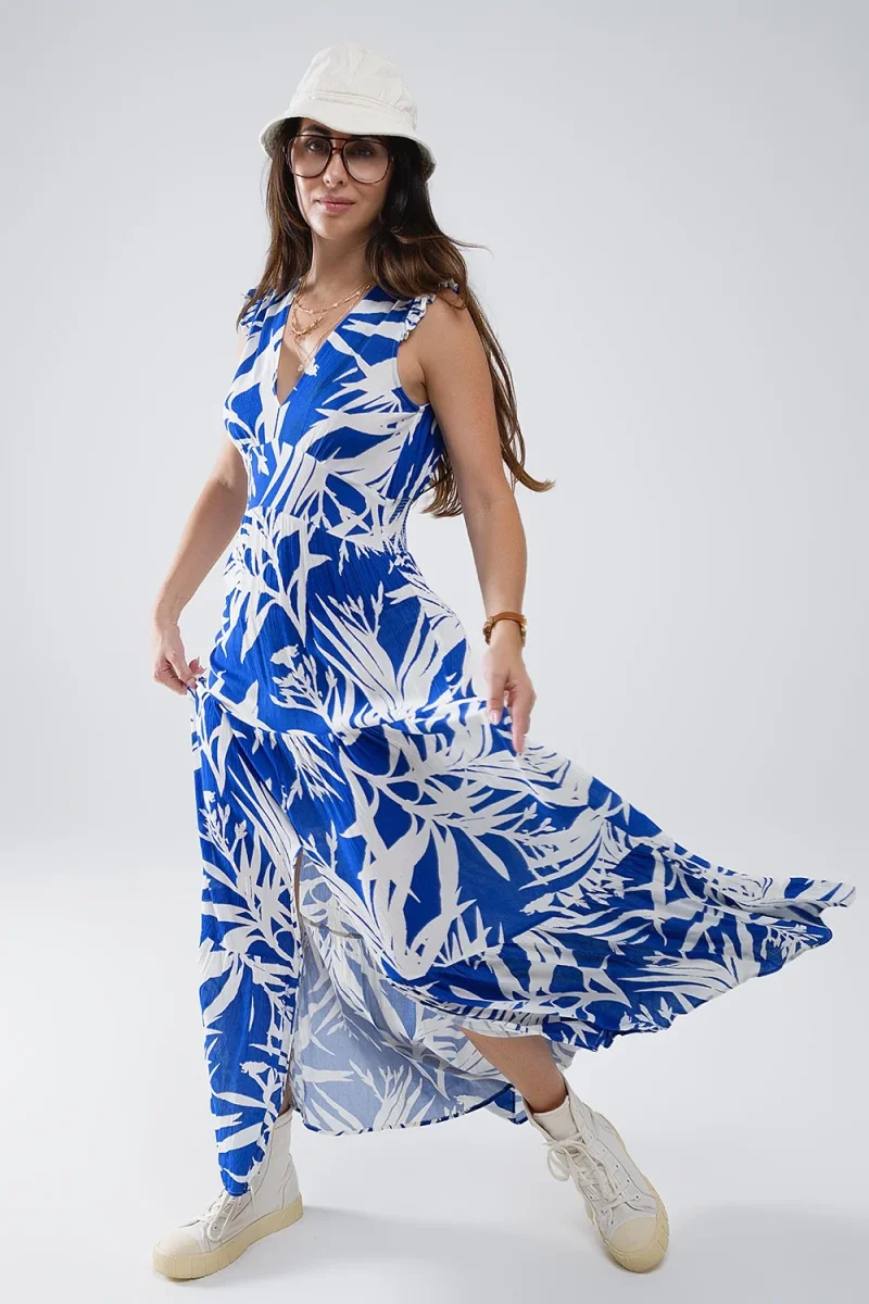 Vestido Maxi Tropical Print com decote em V e fenda em azul - Image 2