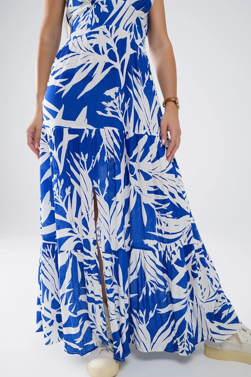 Vestido Maxi Tropical Print com decote em V e fenda em azul - Image 6