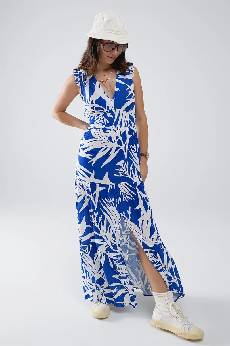 Vestido Maxi Tropical Print com decote em V e fenda em azul - Image 5