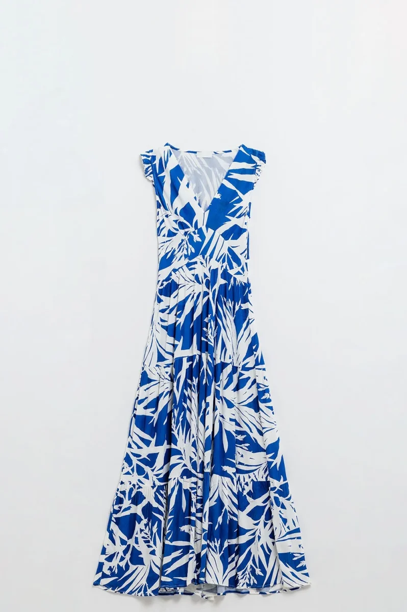 Vestido Maxi Tropical Print com decote em V e fenda em azul - Image 7