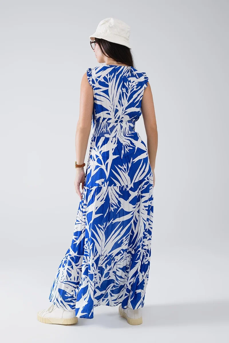 Vestido Maxi Tropical Print com decote em V e fenda em azul - Image 3