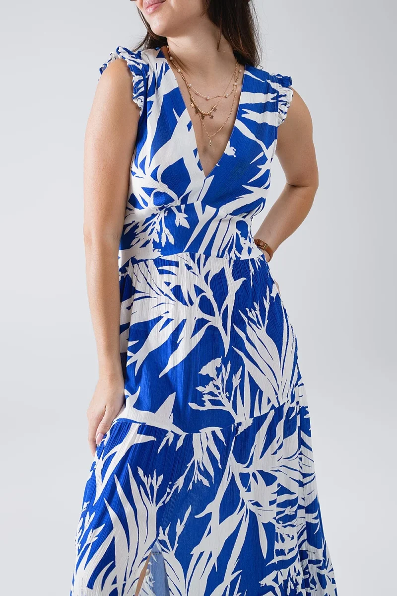 Vestido Maxi Tropical Print com decote em V e fenda em azul - Image 4