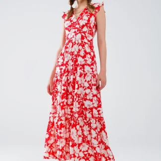 Vestido maxi vermelho com estampado floral e decote em V