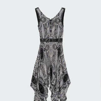 Vestido midi cinzento com estampado e lados rebaixados