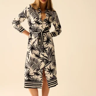 Vestido Midi de Manga Longa com Motivo Tropical em Preto e Branco
