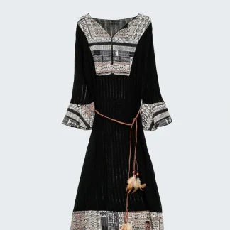 Vestido Midi de Rib com Detalhes de Estampa Tribal e Cinto