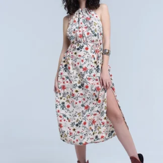 Vestido midi floral bege com gola alta e aberturas