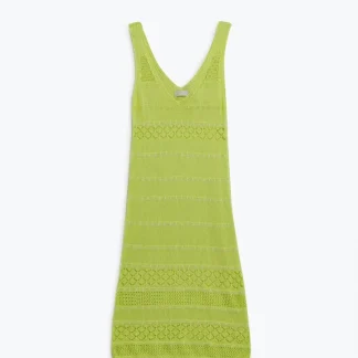 Vestido midi verde-limão sem mangas com decote em V e design de crochê